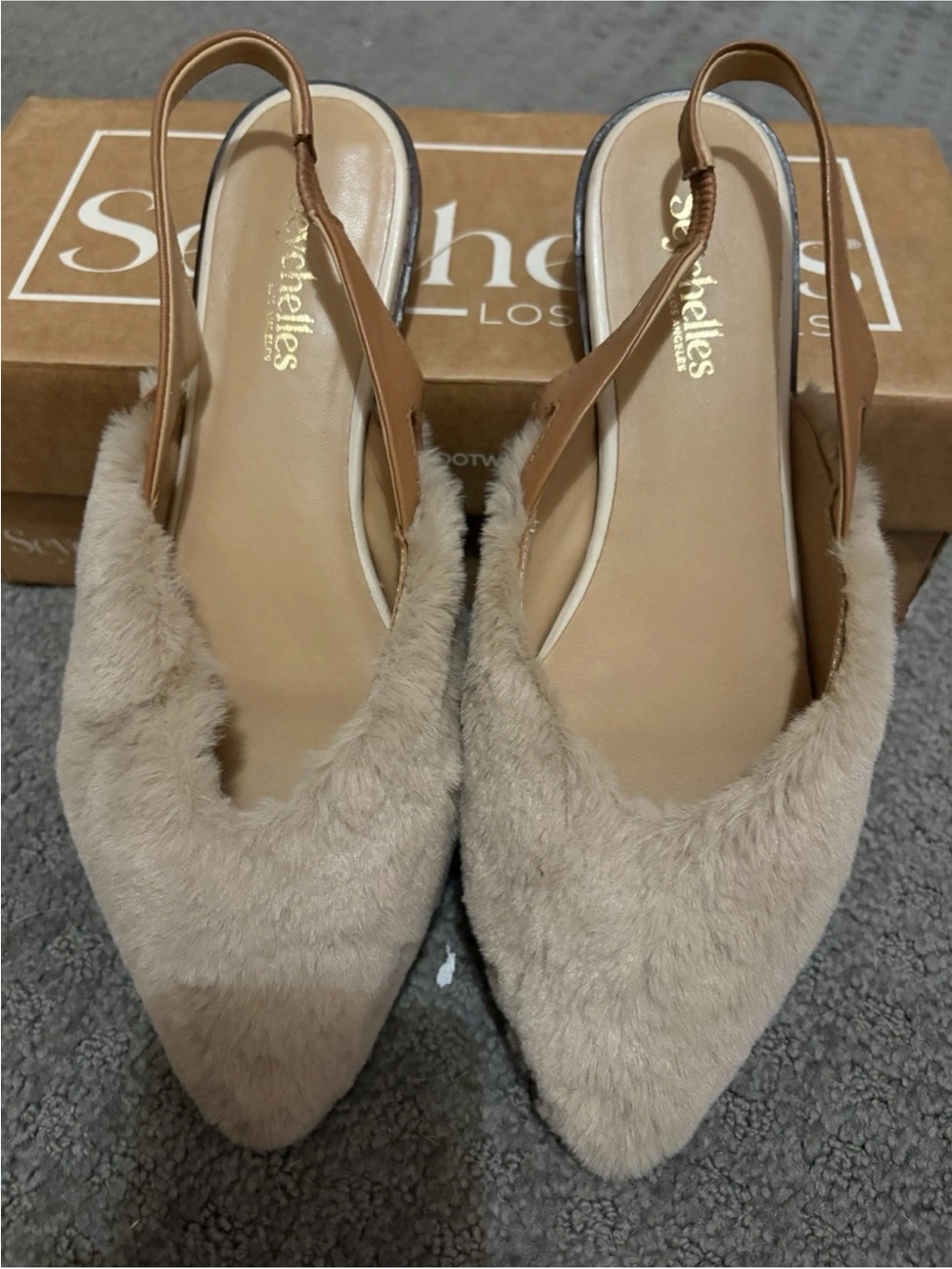 Seychelles Beige Faux-Fur Pointed Slingback Flats
